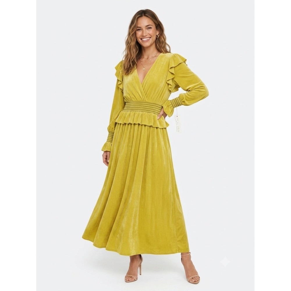 Happy Nature Velvet Maxi Dress Chartreuse Yellow Smocked Waist Ruffle LongSleeve